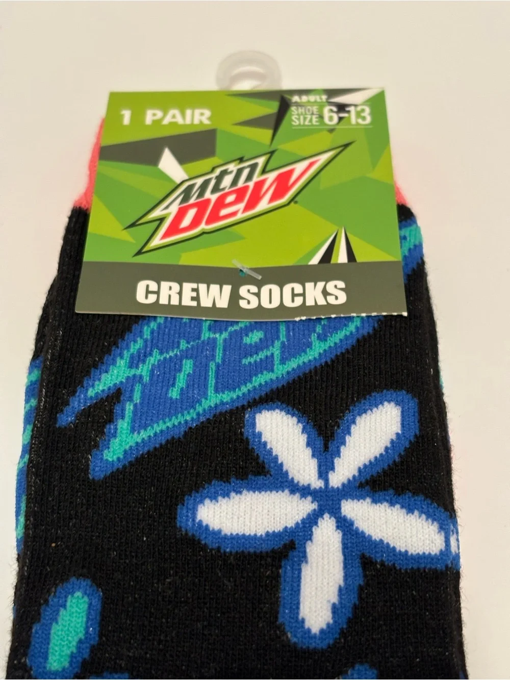 New Mountain Dew Soda Adult Size 6-13 Black Blue Graphic Novelty Crew Socks